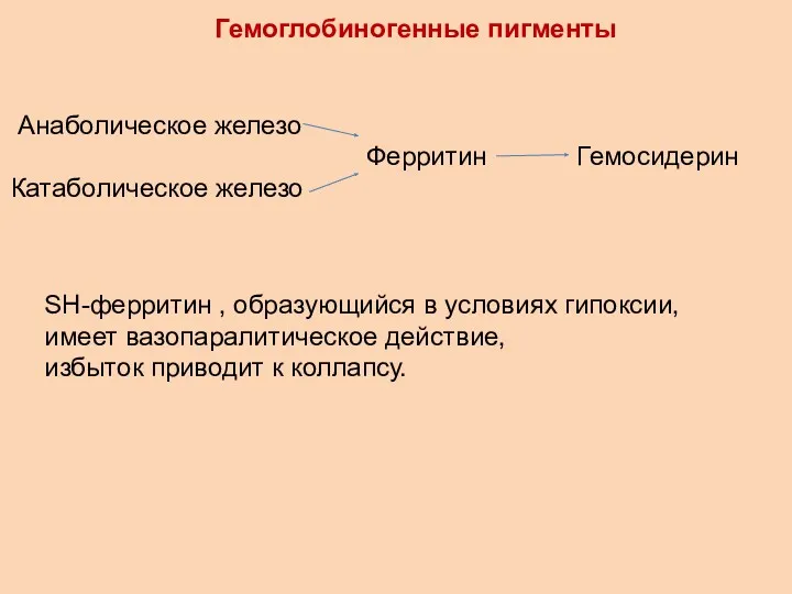 Гемоглобиногенные пигменты Анаболическое железо Катаболическое железо Ферритин Гемосидерин SH-ферритин ,