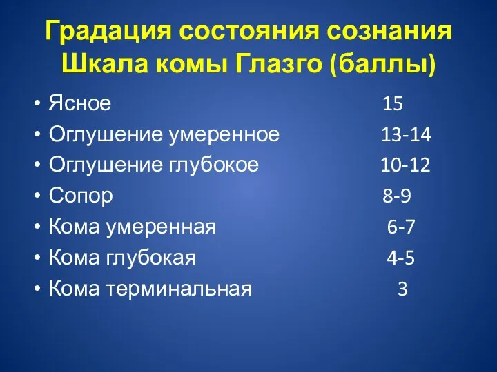 Градация состояния сознания Шкала комы Глазго (баллы) Ясное 15 Оглушение