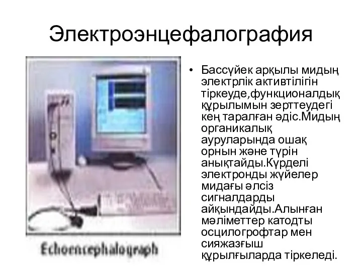 Электроэнцефалография Бассүйек арқылы мидың электрлік активтілігін тіркеуде,функционалдық құрылымын зерттеудегі кең