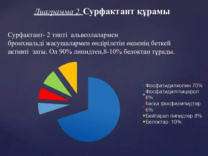 Сурфактант- 2 типті альвеолалармен бронхиальді жасушалармен өндірілетін өкпенің беткей активті