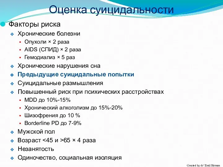 Оценка суицидальности Факторы риска Хронические болезни Опухоли × 2 раза