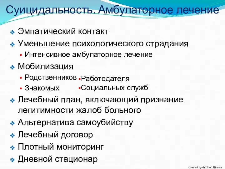 Эмпатический контакт Уменьшение психологического страдания Интенсивное амбулаторное лечение Мобилизация Родственников