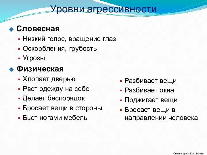 Уровни агрессивности Словесная Низкий голос, вращение глаз Оскорбления, грубость Угрозы