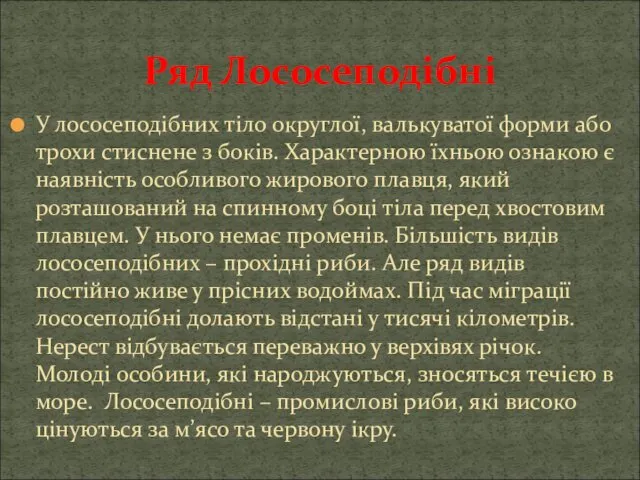 У лососеподібних тіло округлої, валькуватої форми або трохи стиснене з