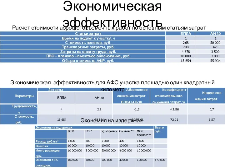 Экономическая эффективность Экономическая эффективность для АФС участка площадью один квадратный километр Расчет стоимости