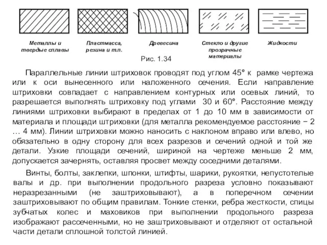 Параллельные линии штриховок проводят под углом 45° к рамке чертежа