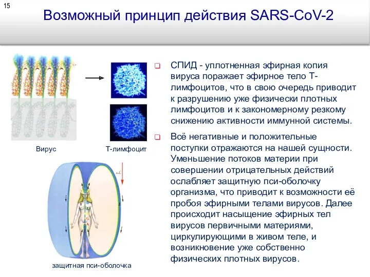 Возможный принцип действия SARS-CoV-2 СПИД - уплотненная эфирная копия вируса поражает эфирное тело