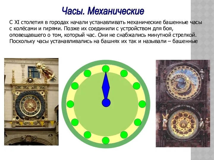 Часы. Механические С XI столетия в городах начали устанавливать механические