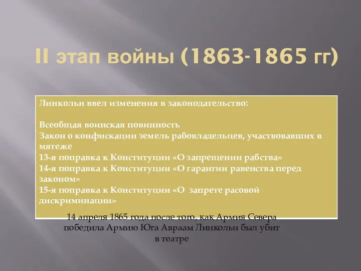 II этап войны (1863-1865 гг) 14 апреля 1865 года после