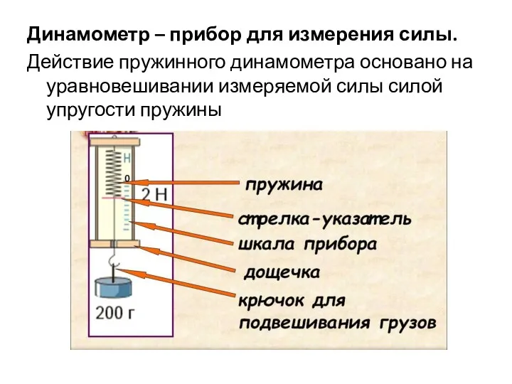 Динамометр – прибор для измерения силы. Действие пружинного динамометра основано