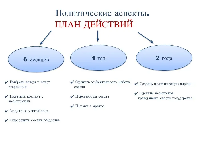 Политические аспекты. ПЛАН ДЕЙСТВИЙ 6 месяцев Выбрать вождя и совет