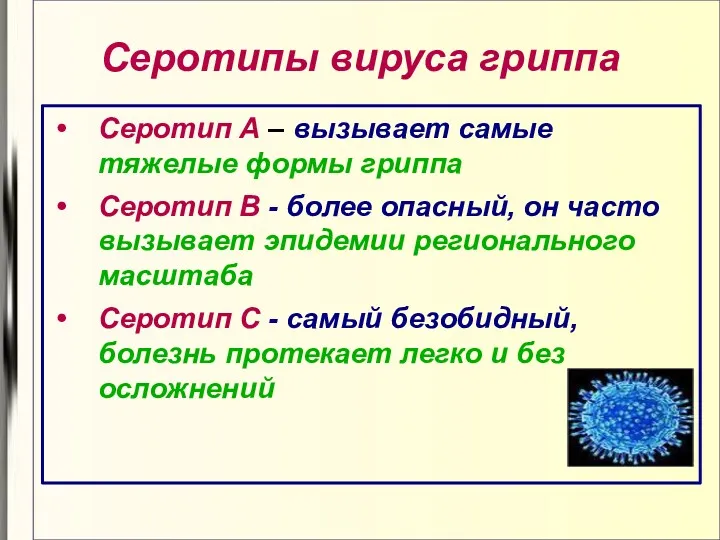 Серотипы вируса гриппа Серотип А – вызывает самые тяжелые формы