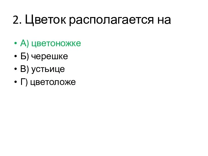 2. Цветок располагается на А) цветоножке Б) черешке В) устьице Г) цветоложе