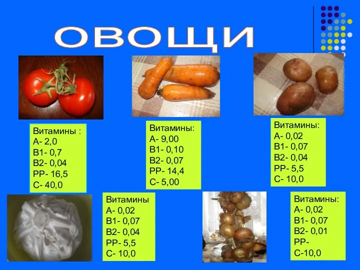 овощи Витамины : А- 2,0 В1- 0,7 В2- 0,04 РР-