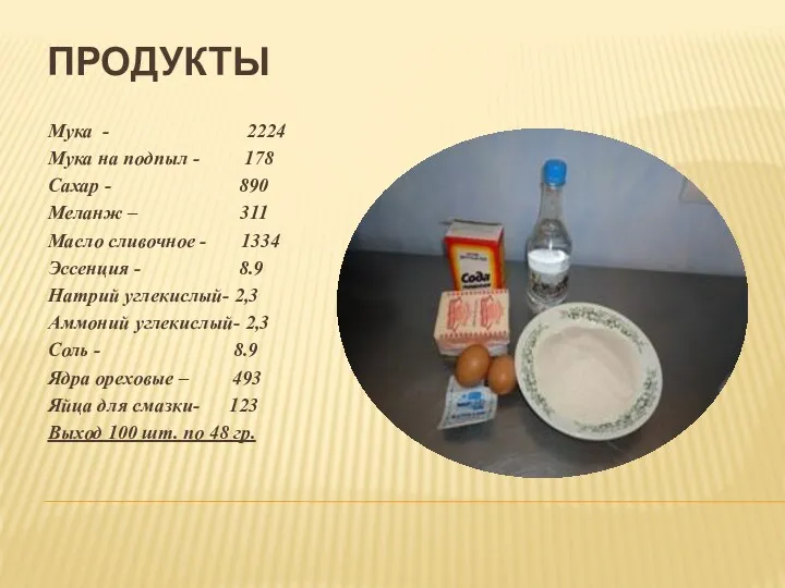 ПРОДУКТЫ Мука - 2224 Мука на подпыл - 178 Сахар