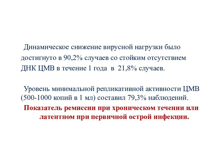 Динамическое снижение вирусной нагрузки было достигнуто в 90,2% случаев со стойким отсутствием ДНК