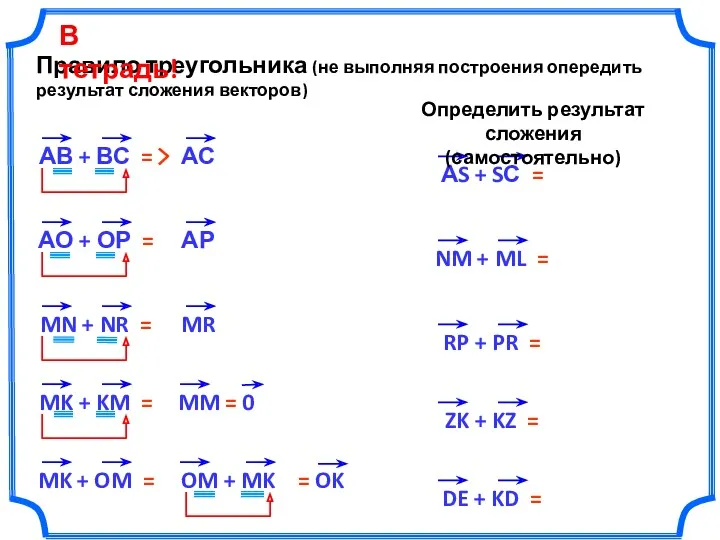 Правило треугольника (не выполняя построения опередить результат сложения векторов) Определить результат сложения (самостоятельно) В тетрадь!