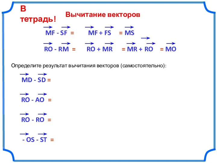 Вычитание векторов Определите результат вычитания векторов (самостоятельно): В тетрадь!