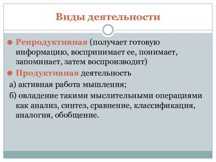 Виды деятельности Репродуктивная (получает готовую информацию, воспринимает ее, понимает, запоминает,