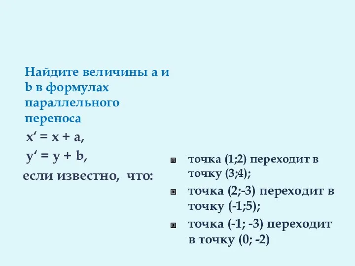 Найдите величины а и b в формулах параллельного переноса x‘