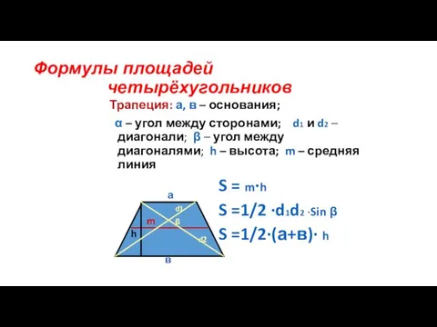 Формулы площадей четырёхугольников Трапеция: а, в – основания; α – угол между сторонами;
