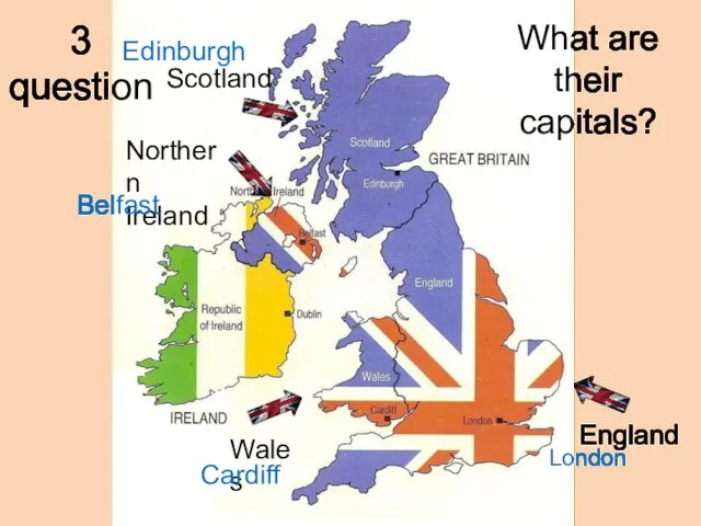 3 question What are their capitals? England Scotland Wales Northern Ireland London Cardiff Belfast Edinburgh