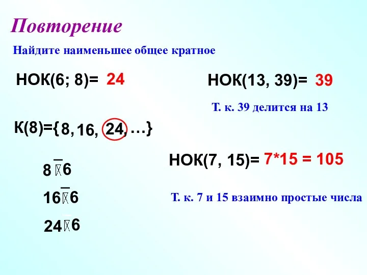 Повторение Найдите наименьшее общее кратное НОК(6; 8)= НОК(7, 15)= К(8)={ 8 16 24