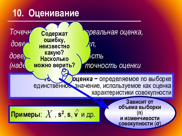 10. Оценивание Точечная оценка, интервальная оценка, доверительный интервал, доверительная вероятность