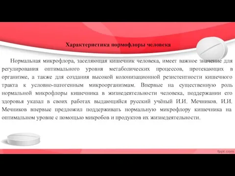 Характеристика нормофлоры человека Нормальная микрофлора, заселяющая кишечник человека, имеет важное значение для регулирования