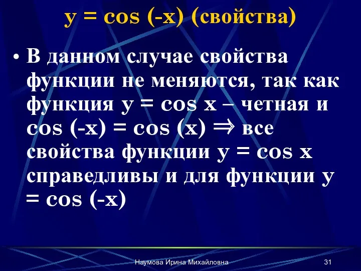 Наумова Ирина Михайловна y = cos (-x) (свойства) В данном