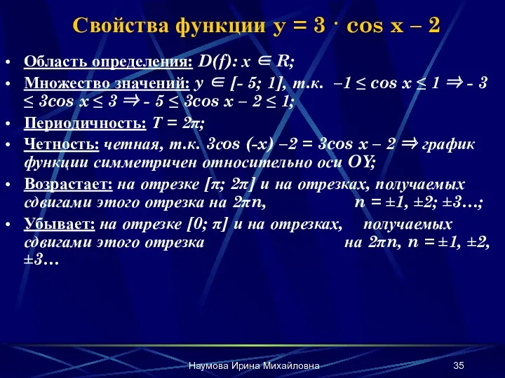 Наумова Ирина Михайловна Свойства функции y = 3 · cos