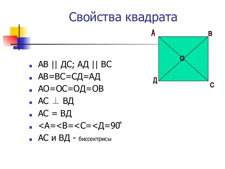 Свойства квадрата АВ || ДС; АД || ВС АВ=ВС=СД=АД АО=ОС=ОД=ОВ