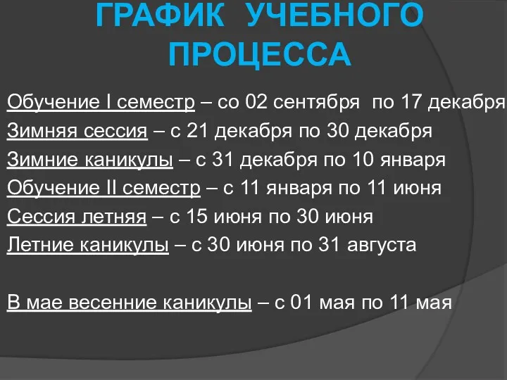 ГРАФИК УЧЕБНОГО ПРОЦЕССА Обучение I семестр – со 02 сентября