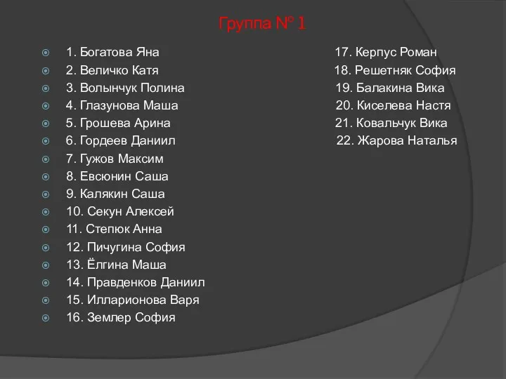 Группа № 1 1. Богатова Яна 17. Керпус Роман 2.