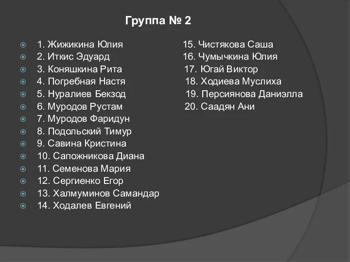 Группа № 2 1. Жижикина Юлия 15. Чистякова Саша 2.