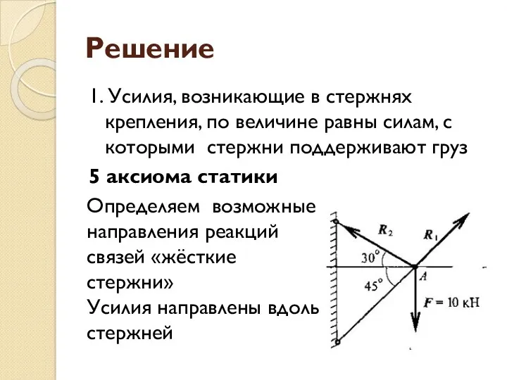 Решение 1. Усилия, возникающие в стержнях крепления, по величине равны