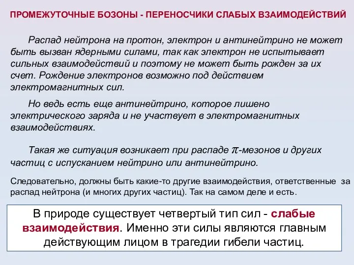 ПРОМЕЖУТОЧНЫЕ БОЗОНЫ - ПЕРЕНОСЧИКИ СЛАБЫХ ВЗАИМОДЕЙСТВИЙ Распад нейтрона на протон,