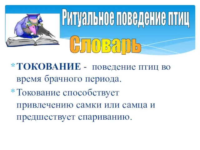 ТОКОВАНИЕ - поведение птиц во время брачного периода. Токование способствует