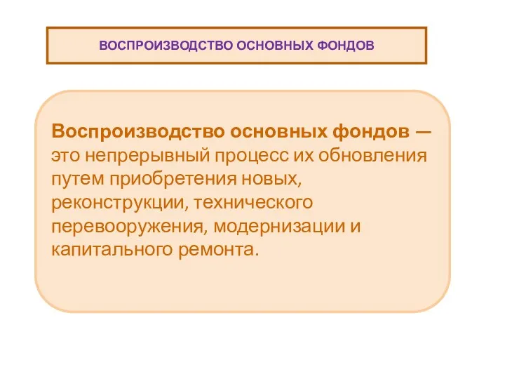 ВОСПРОИЗВОДСТВО ОСНОВНЫХ ФОНДОВ Воспроизводство основных фондов — это непрерывный процесс