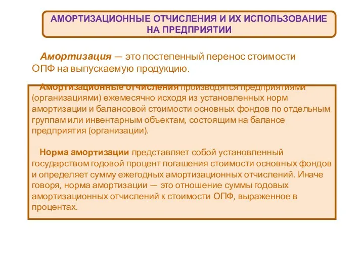 АМОРТИЗАЦИОННЫЕ ОТЧИСЛЕНИЯ И ИХ ИСПОЛЬЗОВАНИЕ НА ПРЕДПРИЯТИИ Амортизация — это