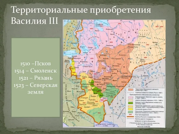 Территориальные приобретения Василия III 1510 –Псков 1514 – Смоленск 1521 – Рязань 1523 – Северская земля