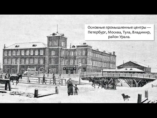 Основные промышленные центры — Петербург, Москва, Тула, Владимир, район Урала.