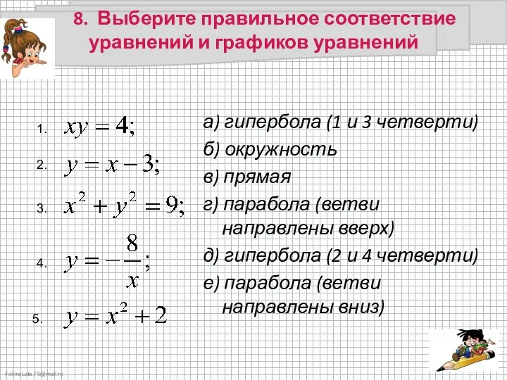 8. Выберите правильное соответствие уравнений и графиков уравнений а) гипербола