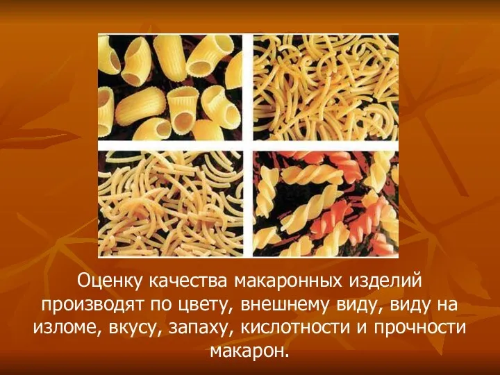 Оценку качества макаронных изделий производят по цвету, внешнему виду, виду