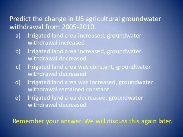 Predict the change in US agricultural groundwater withdrawal from 2005-2010.