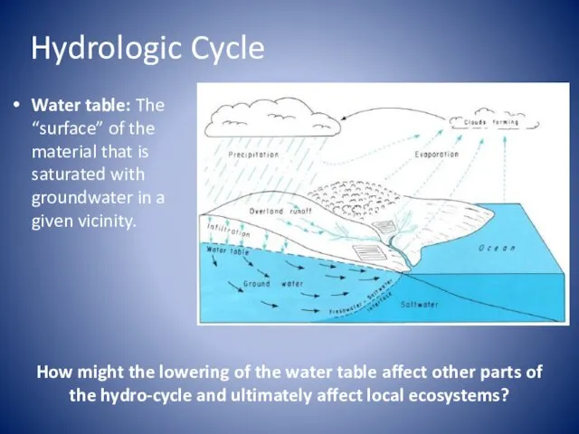 Hydrologic Cycle Water table: The “surface” of the material that