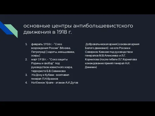 основные центры антибольшевистского движения в 1918 г. февраль 1918 г.