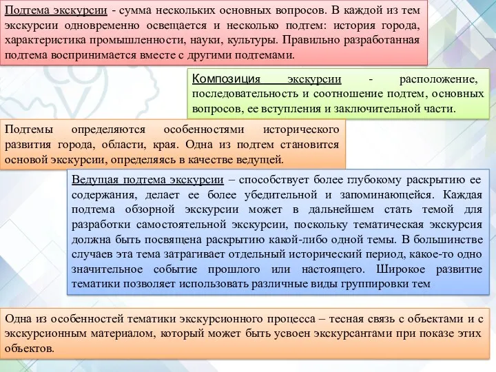 Подтема экскурсии - сумма нескольких основных вопросов. В каждой из тем экскурсии одновременно