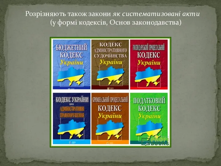 Розрізняють також закони як систематизовані акти (у формі кодексів, Основ законодавства)