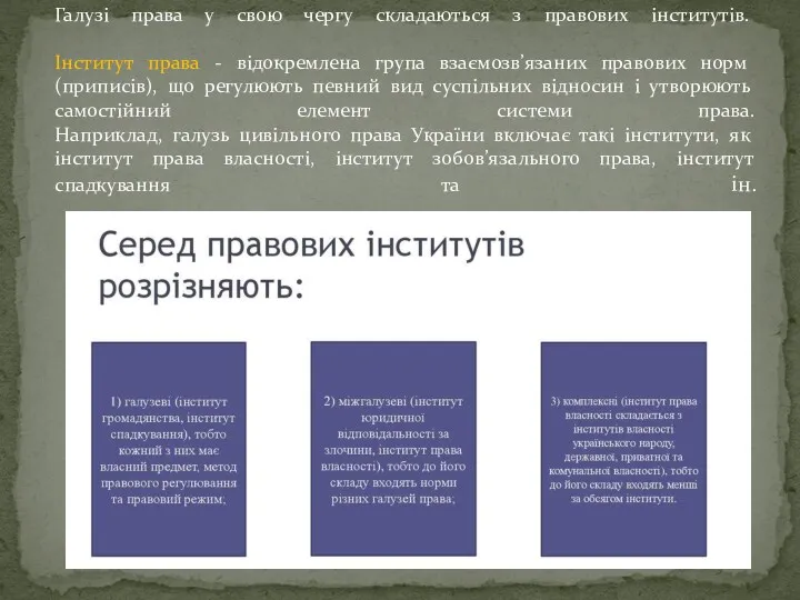 Галузі права у свою чергу складаються з правових інститутів. Інститут